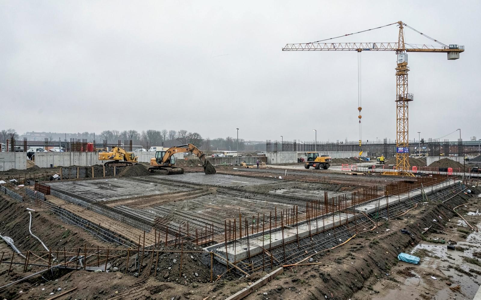 Large civil construction site with tower crane, excavators and concrete foundations