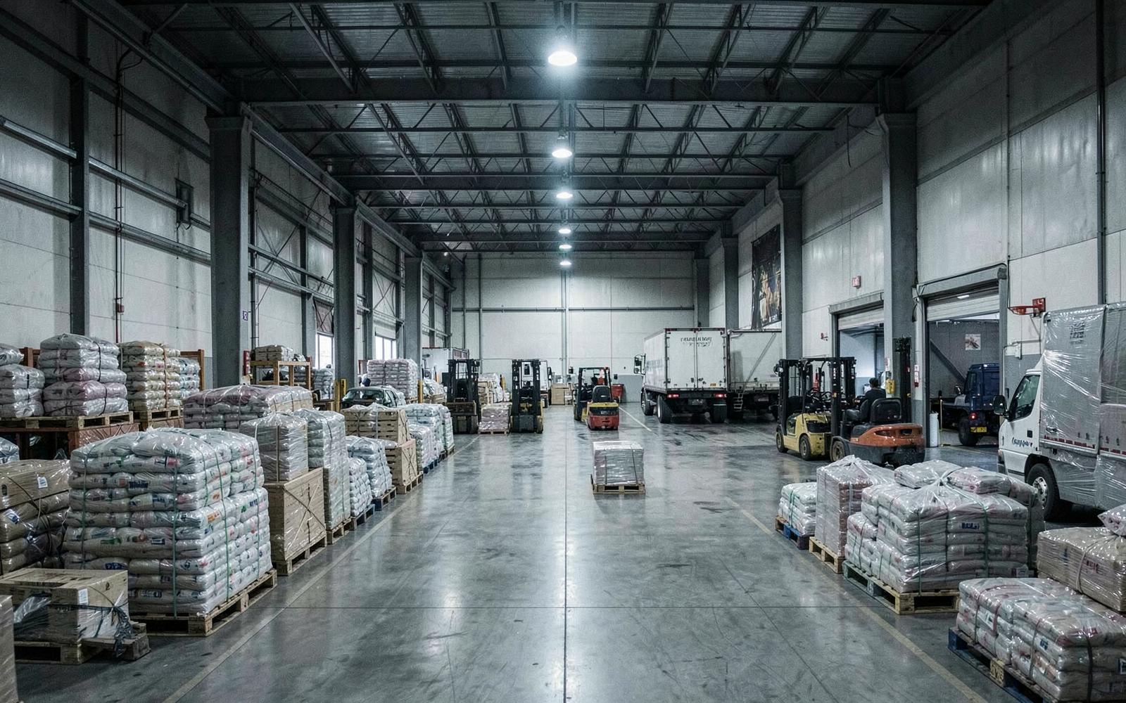Large distribution warehouse with palletized commodities, forklifts and loading docks
